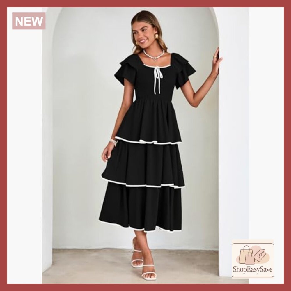 Boho Maxi Dress Smocked Tiered Square Neck Ruffle Casual Wedding Guest - Picture 5 of 7